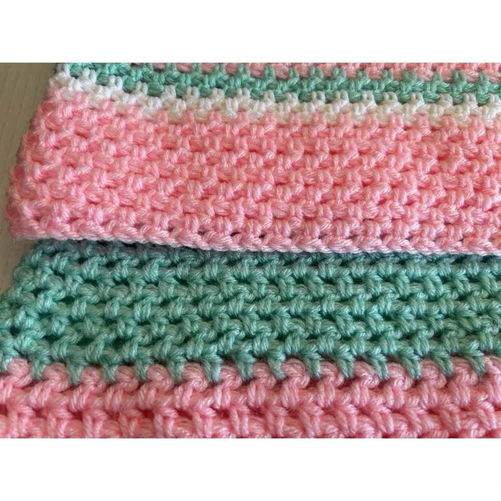 Crochet blanket hand made new pink mint white rick rack pattern 22x44